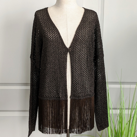 Liu Jo Cardigan Open Metallic Knit Fringe Semi Sheer Lightweight Brown L NWT - Picture 2 of 8